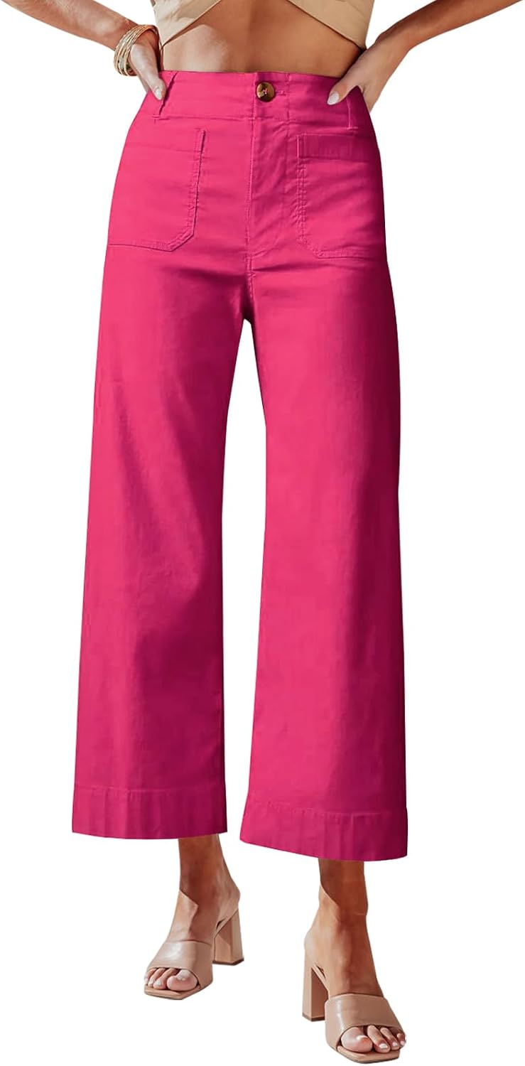 High Waisted Cropped Wide Leg Stretchy Pants for Women