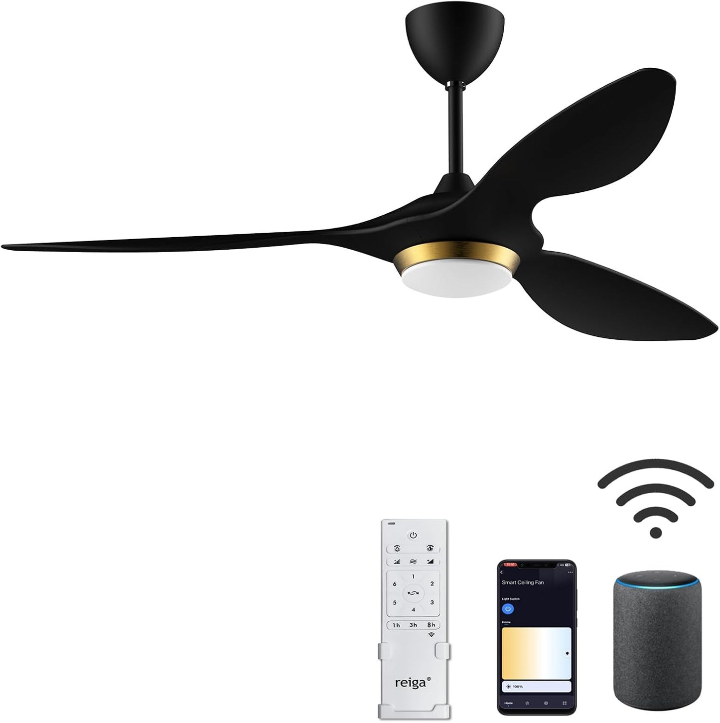 Reiga 52 Inch Black Modern Ceiling Fan with Lights and Remote