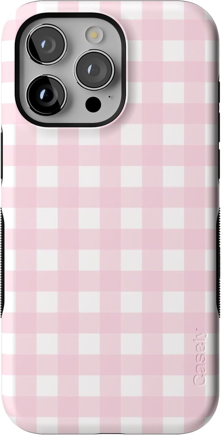 Bold Protective iPhone 15 Pro Case in Pink Plaid Design