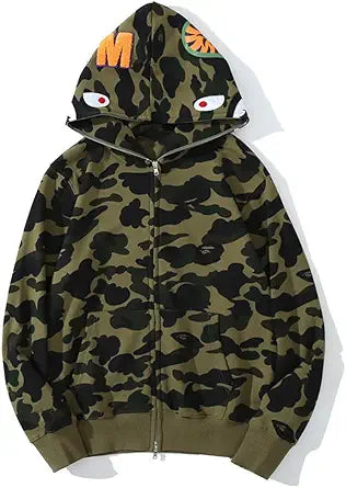 Baonmy Ape Hoodie Men Full Zip Up Shark Mouth Jacket Fashion