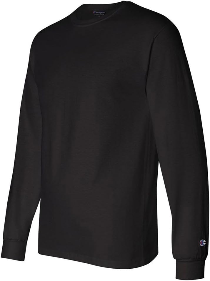 Champion Adult Long Sleeve Crewneck Tee, Black, Large - Fitted Comfort