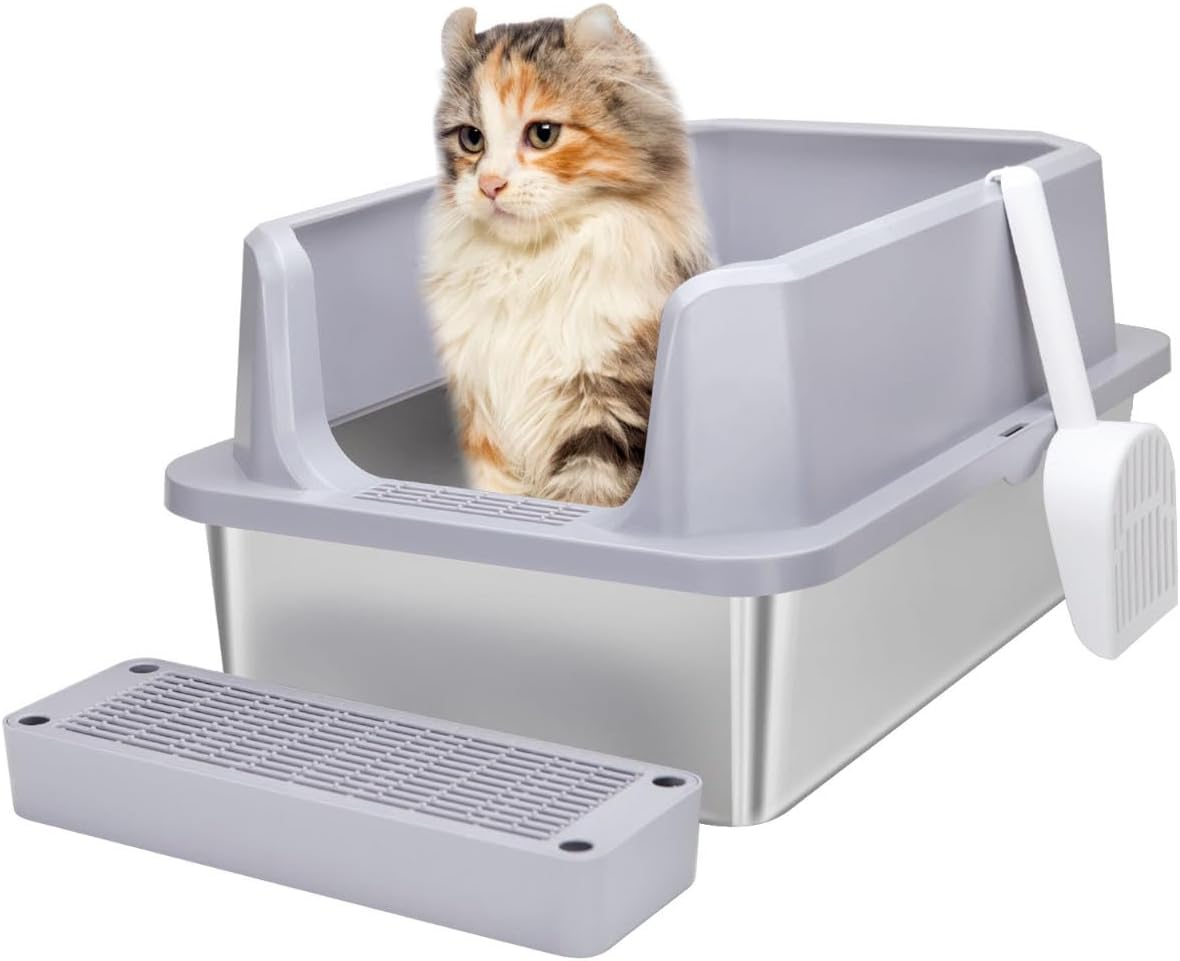 RIZZARI Large Stainless Steel Cat Litter Box for Multi-Cat Homes