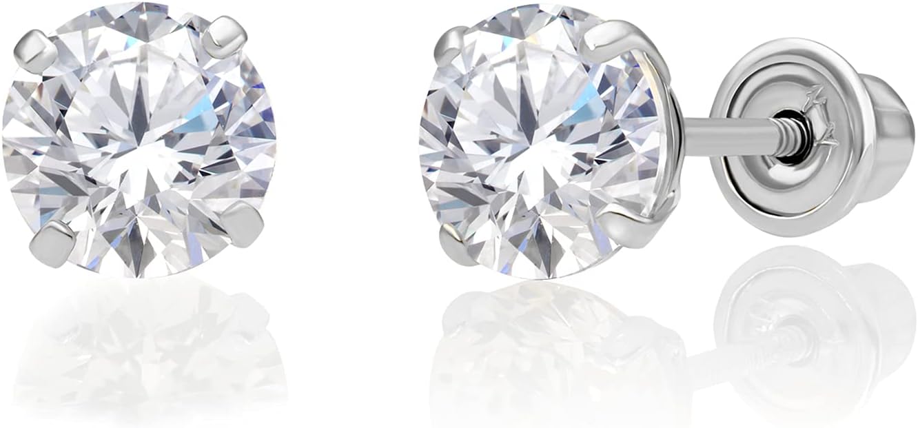 14k White Gold Solitaire Round CZ Stud Earrings with Screw-backs