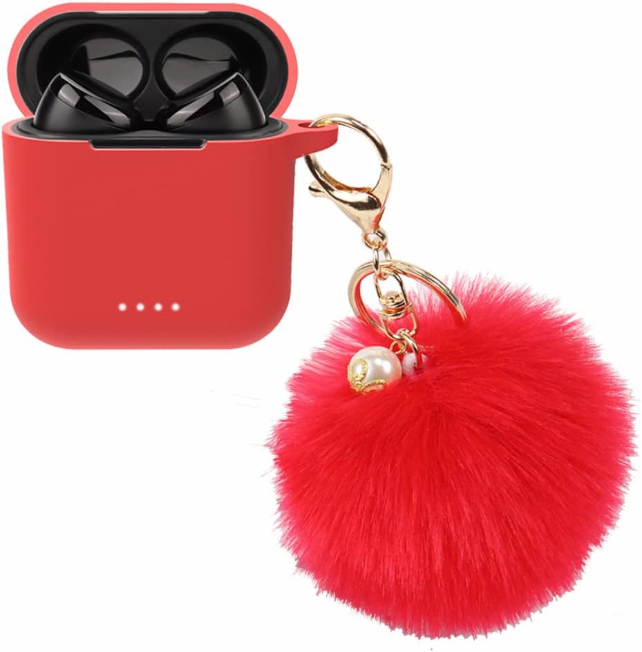 Red Silicone Case for TOZO T6 Earbuds with Pom Pom Keychain