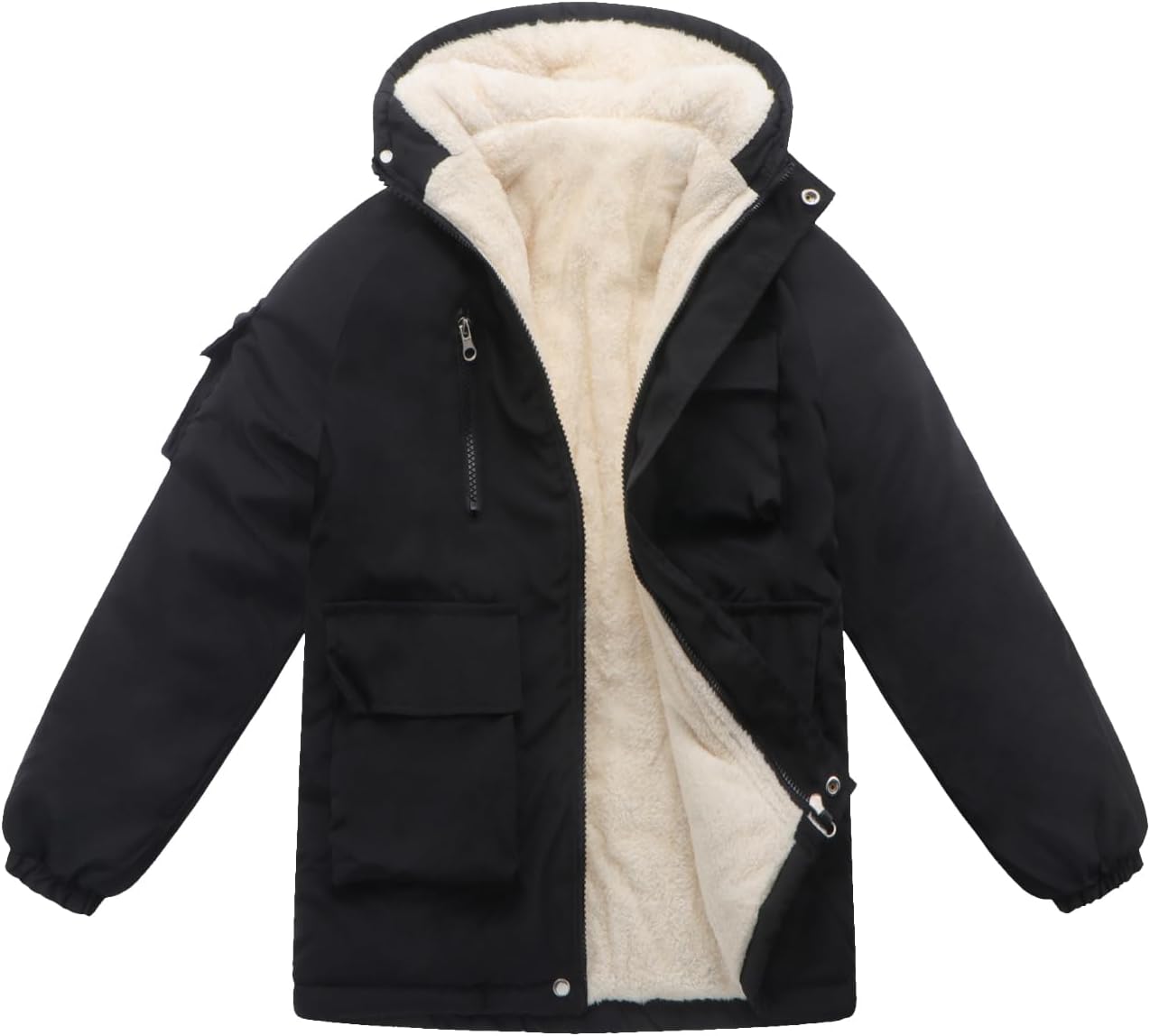 Winter Kids Boys Black Puffer Jacket Hooded Fleece-Lined Wear