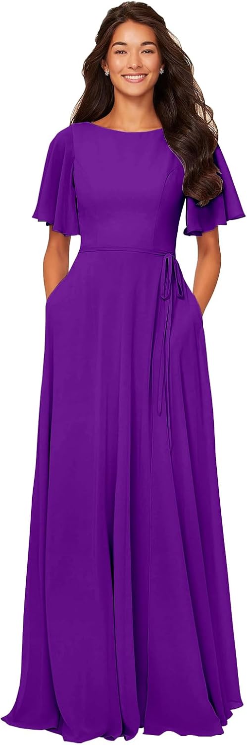 Chiffon Modest Bridesmaid Dresses with Sleeves and Pockets