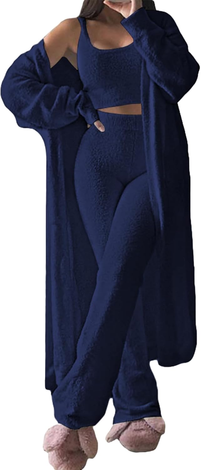 Fuzzy 3 Piece Sweatsuit Set for Women - Cozy Lounge Wear