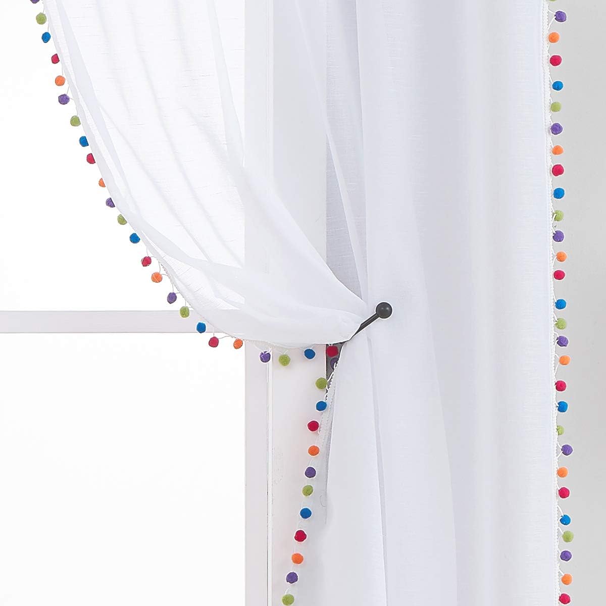 Treatmentex White Linen Sheer Curtains with Colorful Pompoms