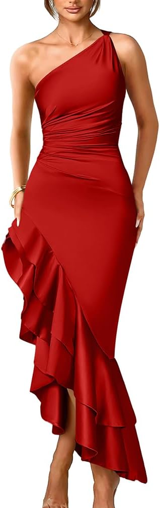 Elegant One Shoulder Ruched Asymmetric Ruffle Satin Dress