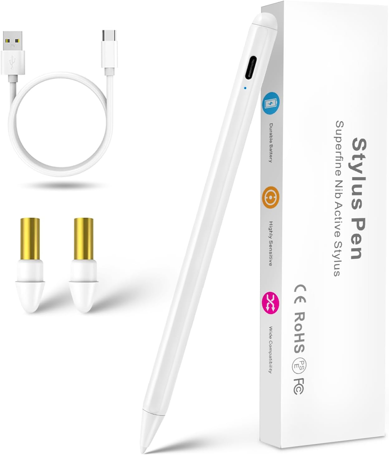 Precision Stylus Pen for iPad Pro 12.9: Palm Rejection, Fine Tip, White - Bbata