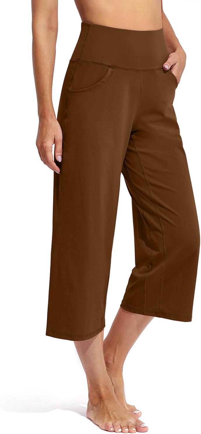Promover Wide Leg Yoga Capri Pants for Women with Pockets