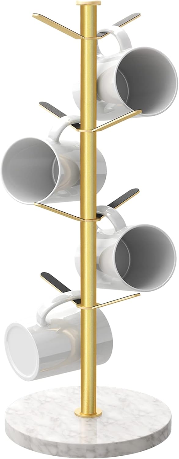Gold Mug Holder Tree with Marble Base for Coffee Cups Storage