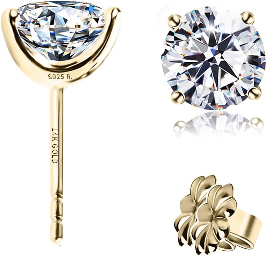 Solid 14K Gold Post Round Cut CZ Earrings for Sensitive Ears
