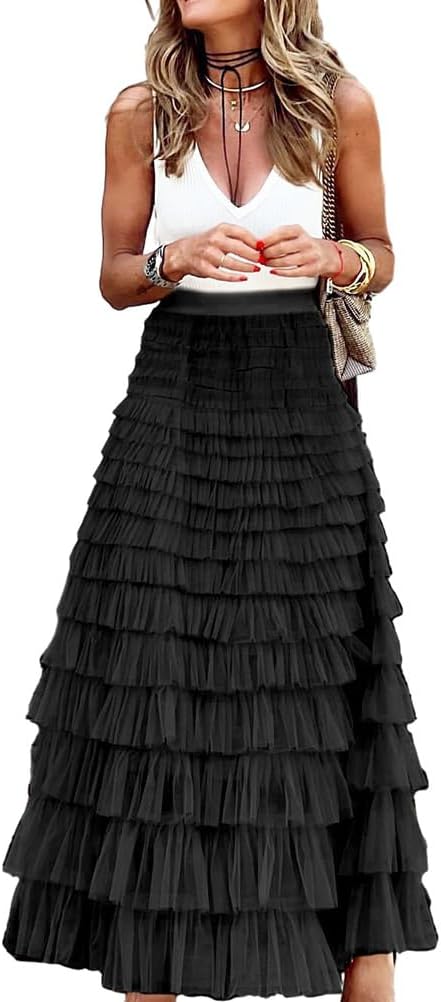 Trendy High Waisted Long Tulle Skirt for Women Fluffy Style