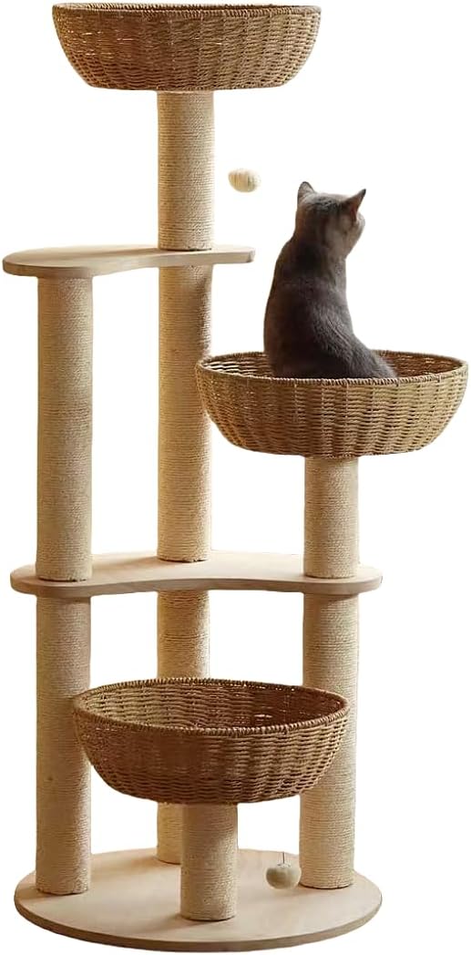 54 in Modern Cat Tree for Large Cats with Rattan Nests