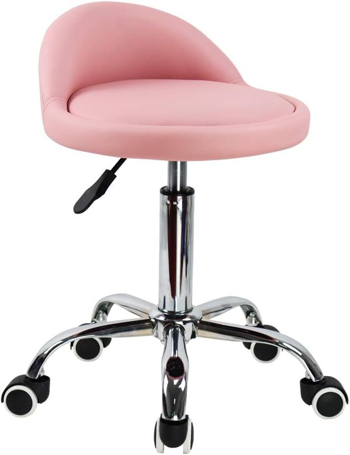KKTONER PU Leather Round Rolling Stool with Back Rest for Comfort