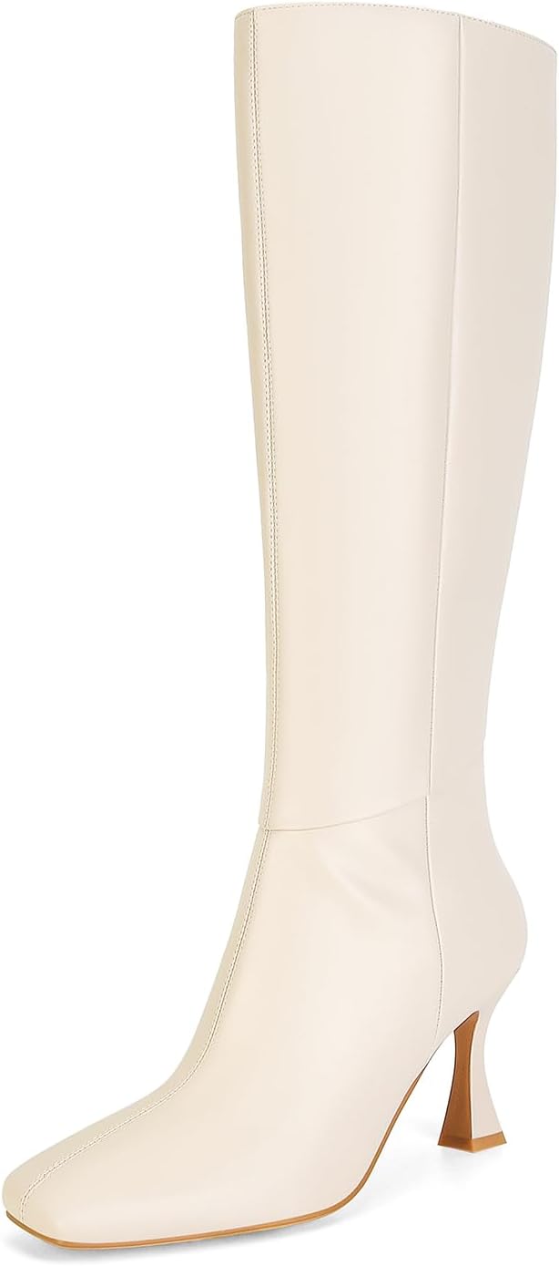 Dsevht Black Leather Knee High Boots for Women with Stiletto Heels