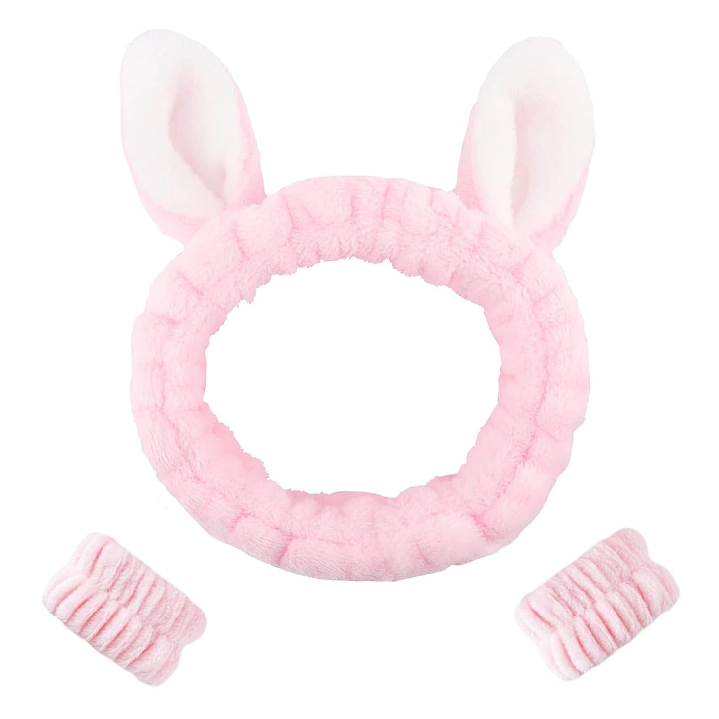 Cute Bunny Ears Face Wash Set - 3Pcs Pink Spa Headbands