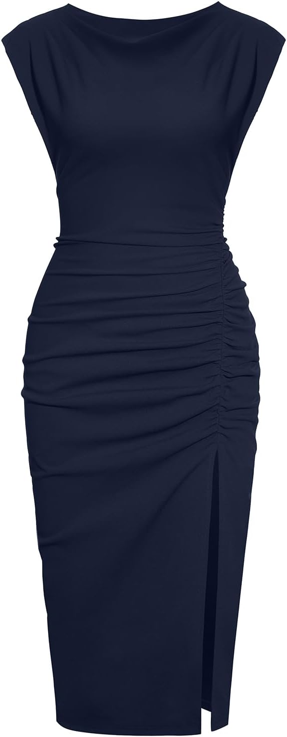 IHOT 2025 Women's Mock Neck Side Slit Ruched Bodycon Dress