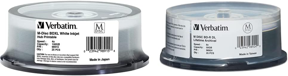 Verbatim M-Disc BD-R 100GB & 50GB Spindle for Archival Storage
