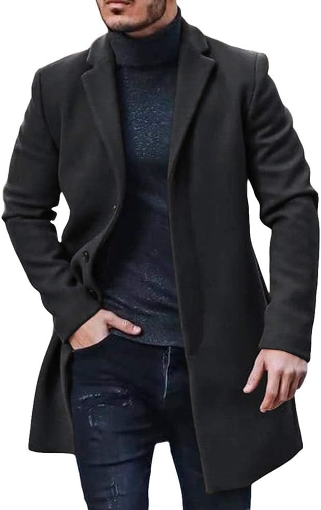 PASLTER Mens Trench Coat Slim Fit Notched Collar Overcoat
