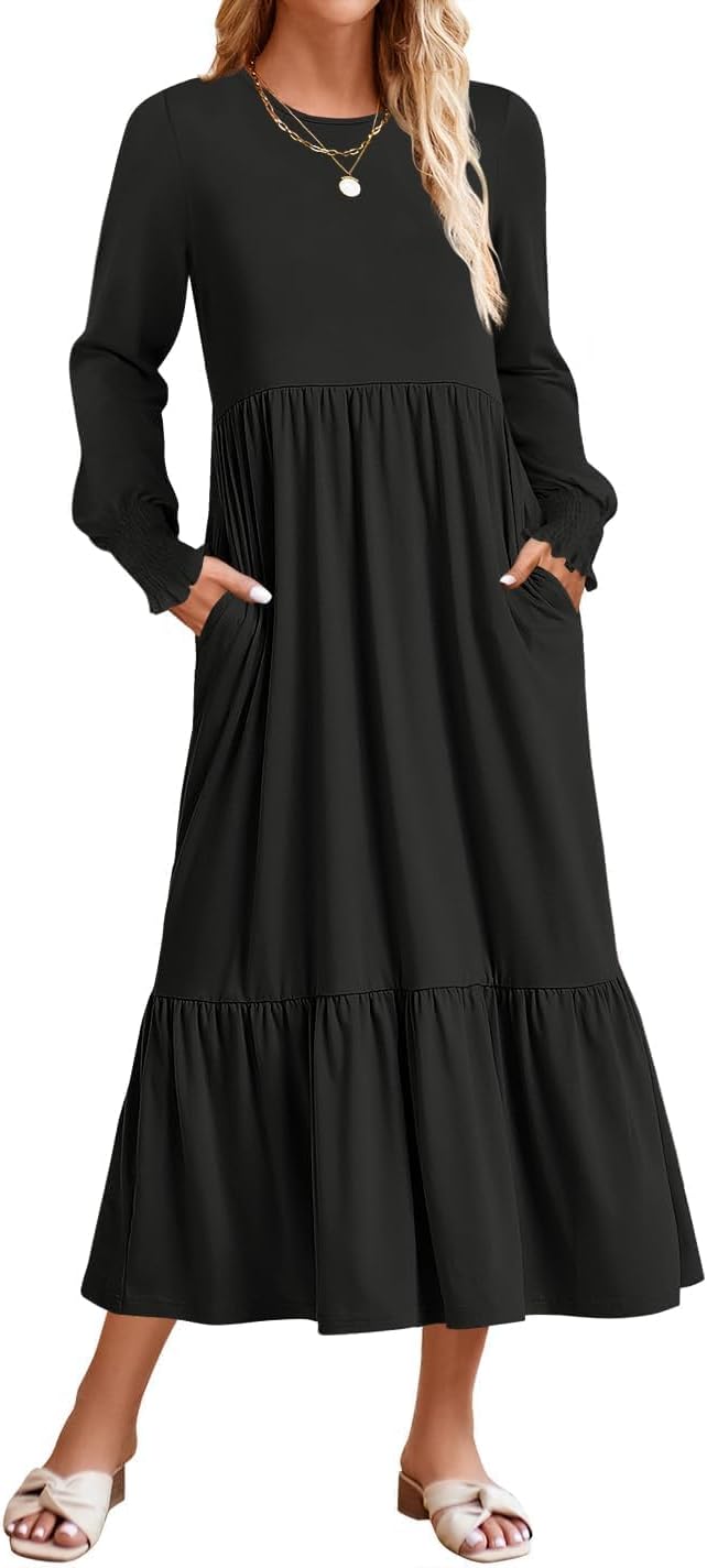 ZESICA Women's Fall Long Sleeve Casual Midi Dress with Pockets