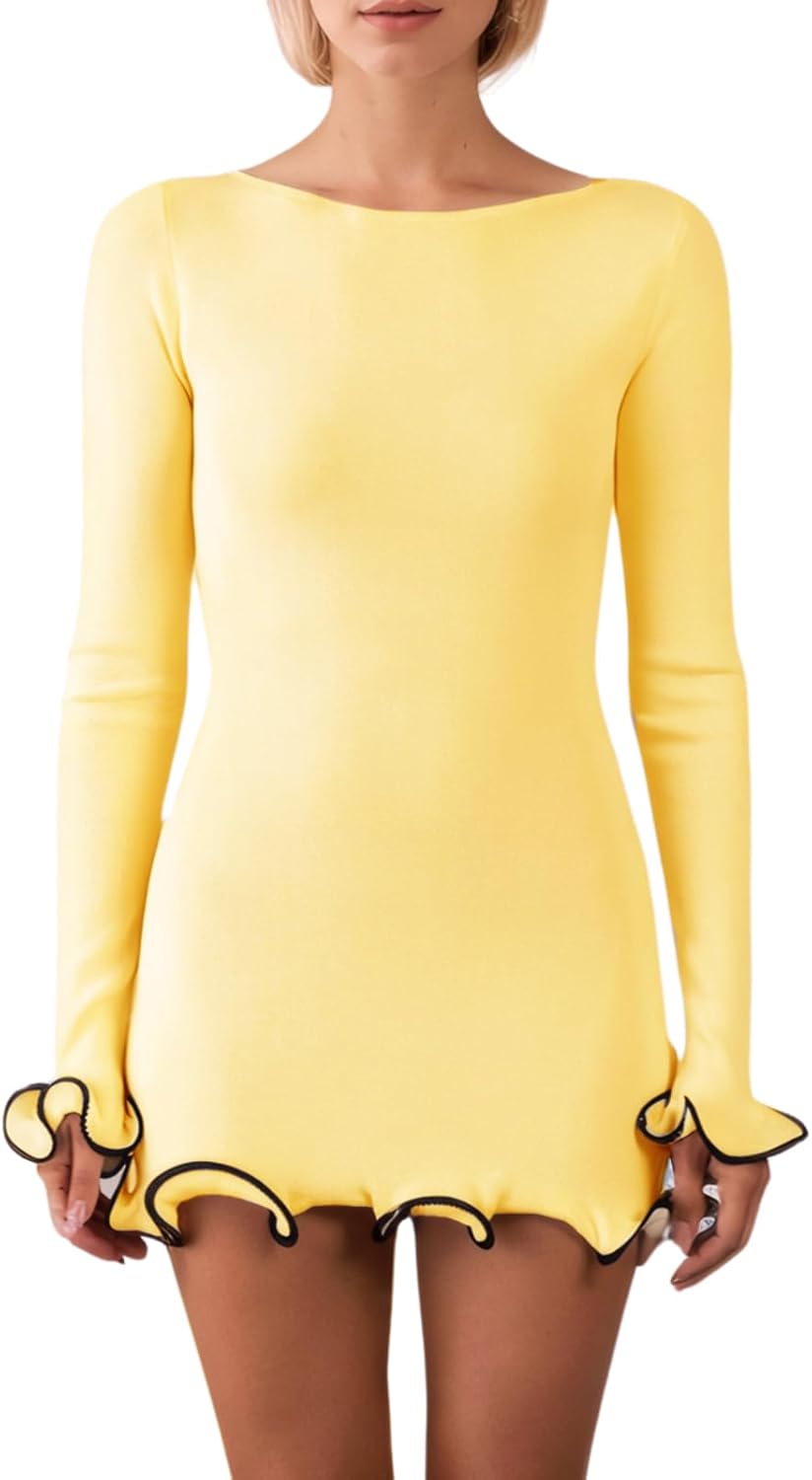 Elegant Ruffle Hem Knit Mini Dress for Women in Fall Style