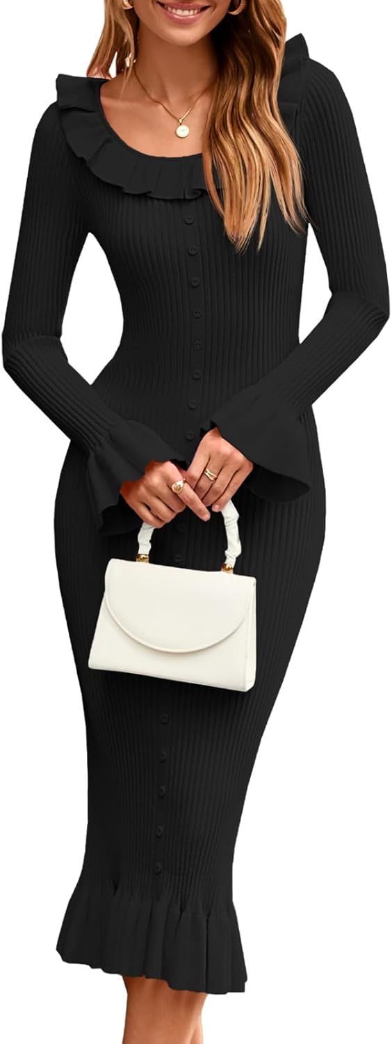 Womens Bell Long Sleeve Sweater Dress for Casual Elegance