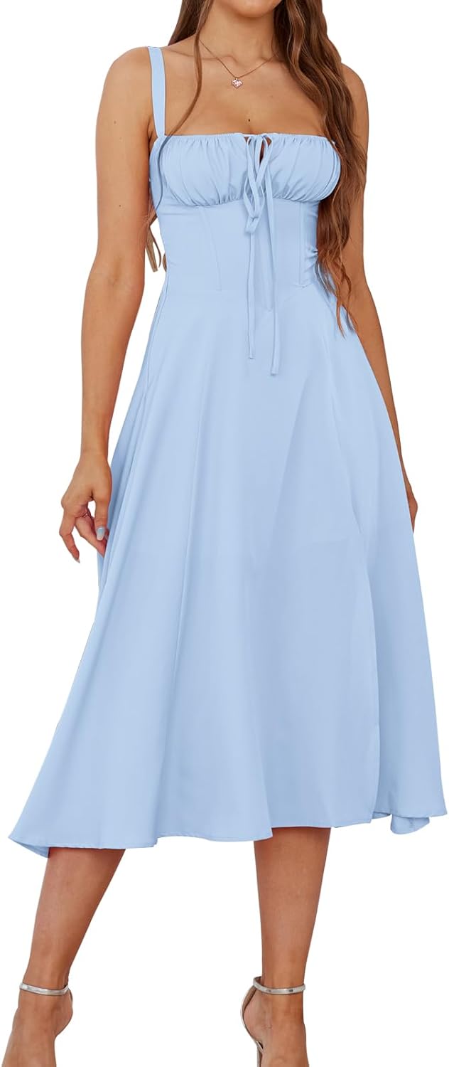 Floral Midi Corset Dress for Women - Boho A Line Sundress