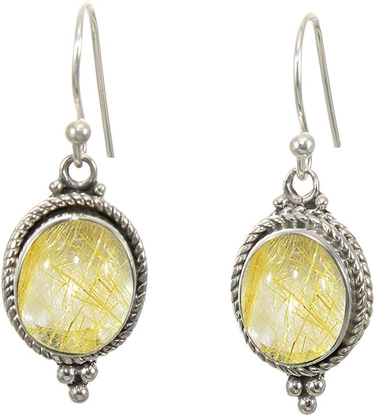 925 Sterling Silver Dangle Drop Earrings with Golden Rutile Gemstone