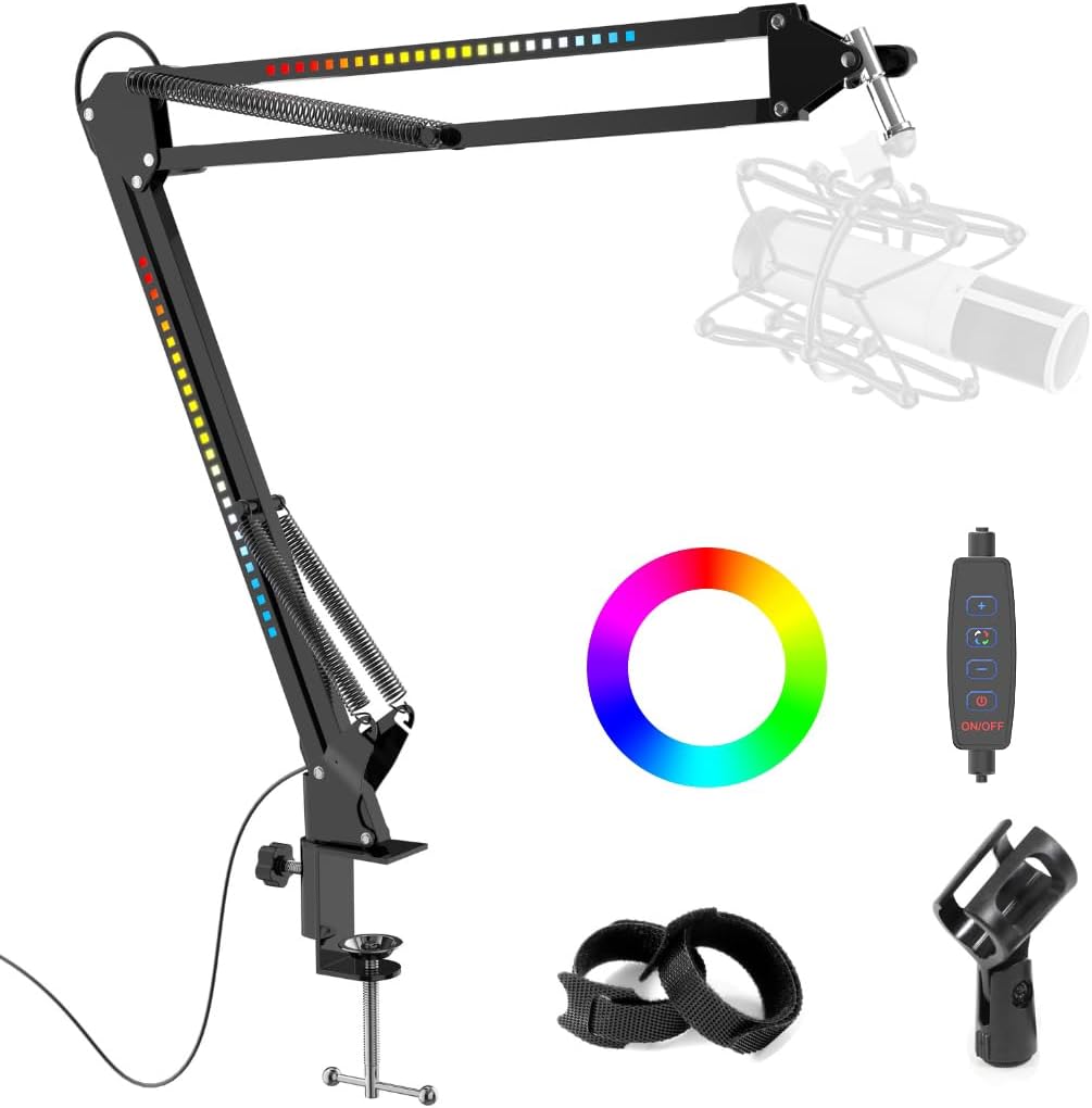 RGB Boom Arm for Streaming and Gaming with Adjustable Mic Stand
