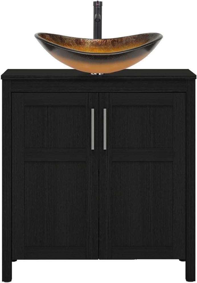 30in Bathroom Vanity with Sink and Black Glass Bowl Design