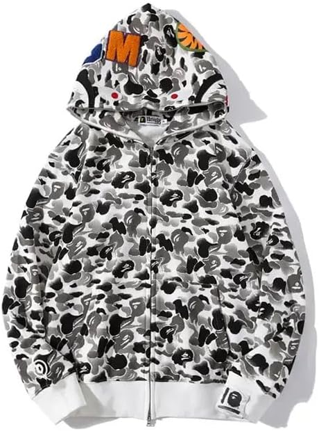 Unisex Camouflage Hoodie with Shark Embroidery for Couples