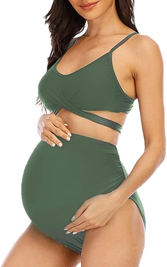 Women Criss Cross Maternity Bikini High Waist Floral Swimwear