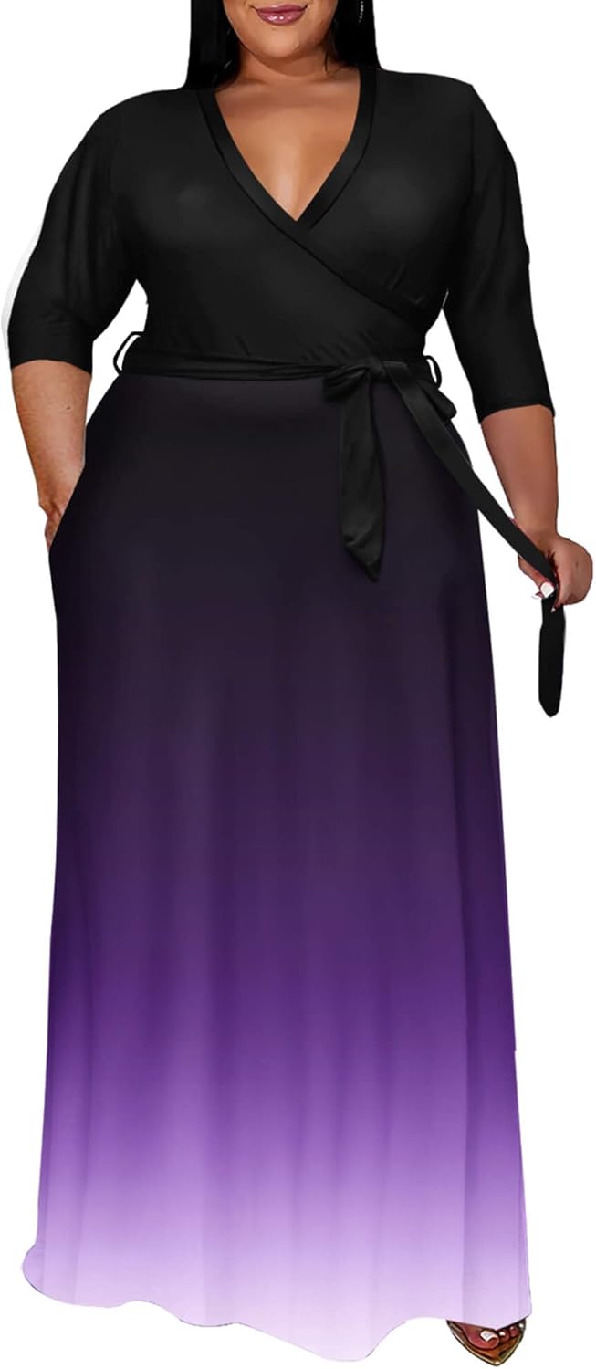 Runwind Plus Size Dress for Women - Elegant V Neck Maxi Style
