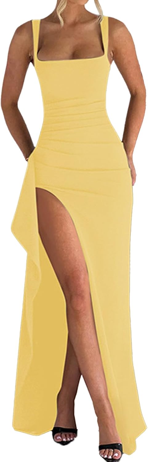 Women Formal Dresses Sleeveless Bodycon Ruched High Slit Maxi