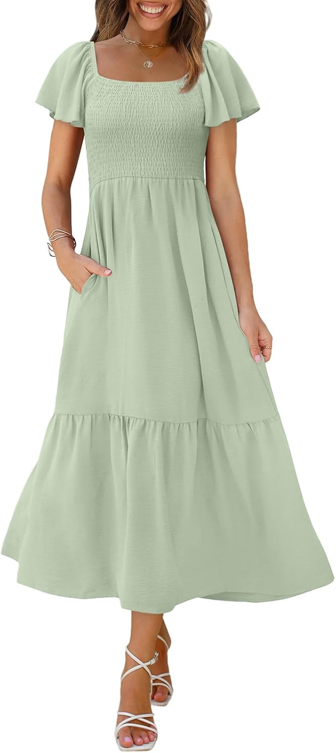 OFEEFAN Summer Dresses for Women with Square Neck and Pockets