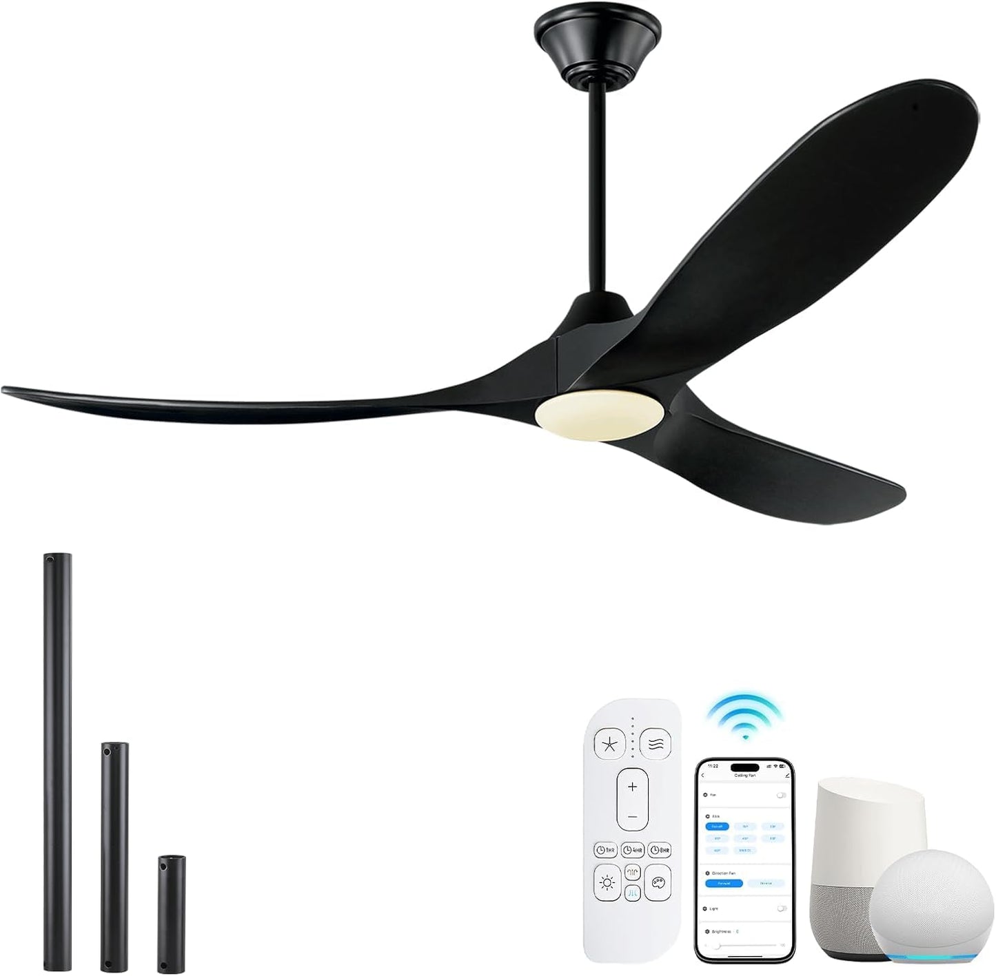 52 Inch Black Smart Ceiling Fan with Lights for Outdoor Use
