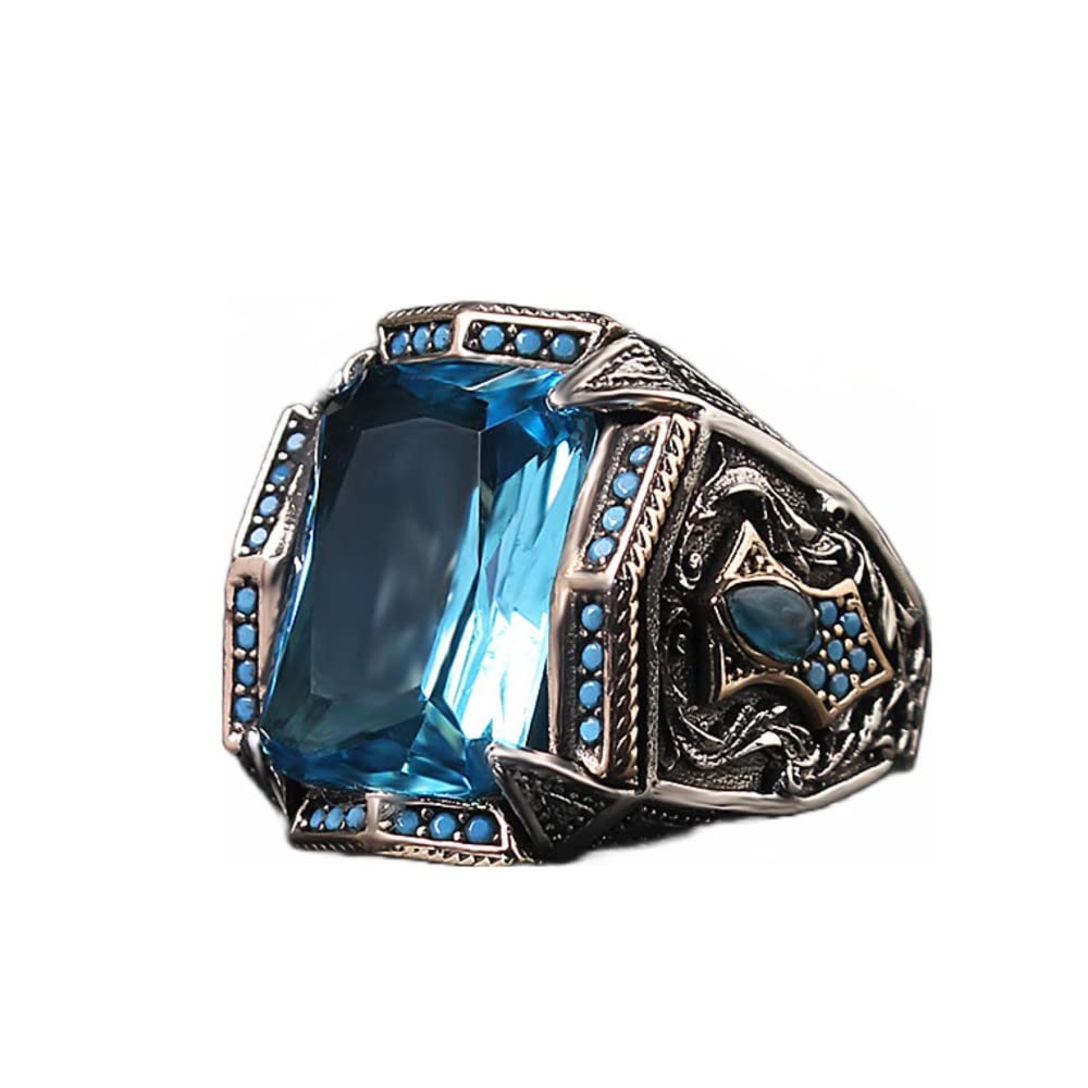925 Sterling Silver Aquamarine Stone Men's Ring for Him