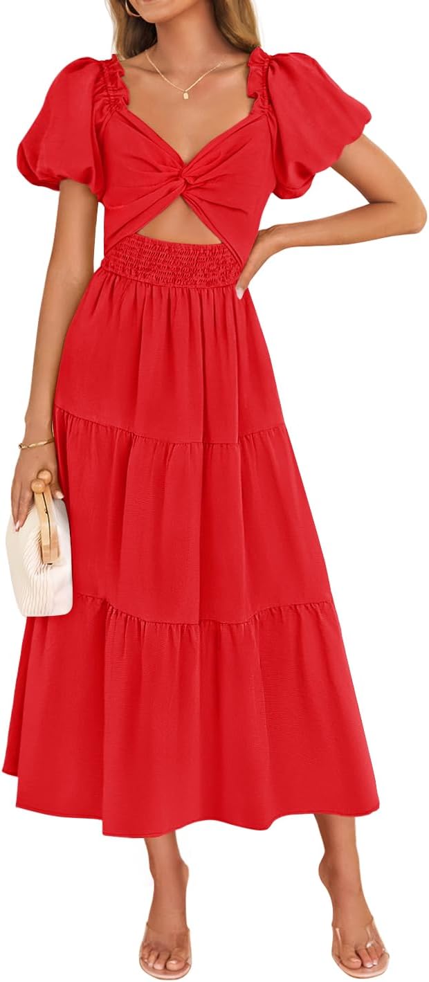 ZESICA Womens Summer Boho Vacation Dress with Puff Sleeves