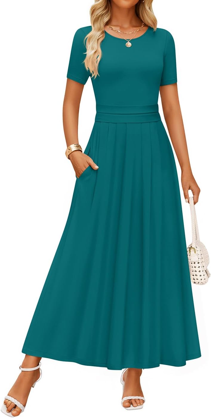 ZESICA Women's Summer Short Sleeve Maxi Dress with Pockets