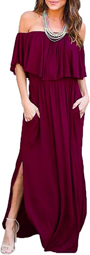 LILBETTER Womens Off The Shoulder Ruffle Maxi Dress for Parties