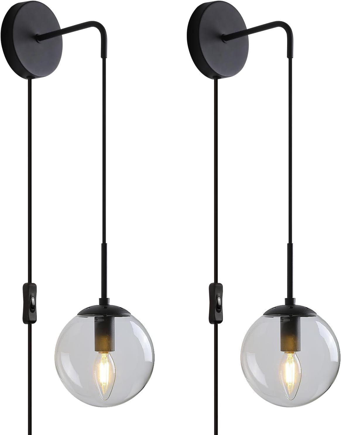 Stylish Black Plug in Wall Sconces Set of 2 with Globe Shade