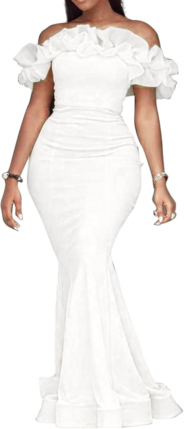 Cololura Sexy Floor-Length Off Shoulder Ruffles Maxi Dress