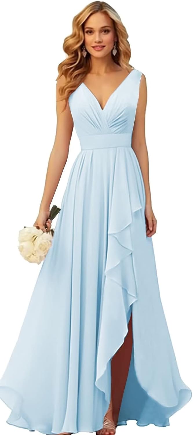 TORYEMY Chiffon Bridesmaid Dresses Long V Neck with Slit Ruffle