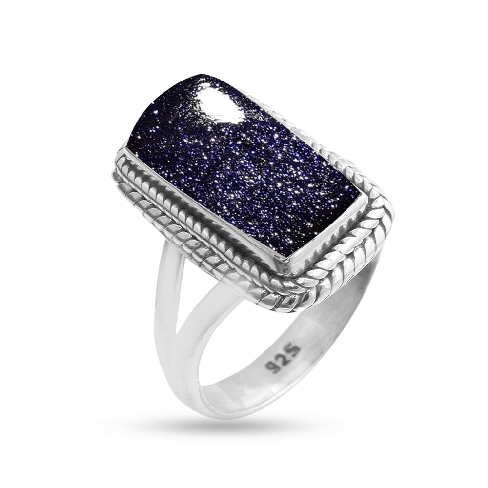 Fine Sterling Silver Ring with Blue Sun Stone by DHRUVIKA