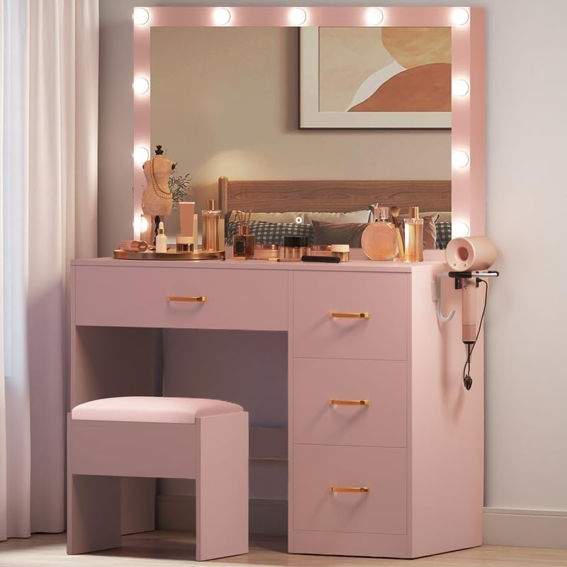 DWVO Vanity Desk with Large Mirror and Adjustable Lighting