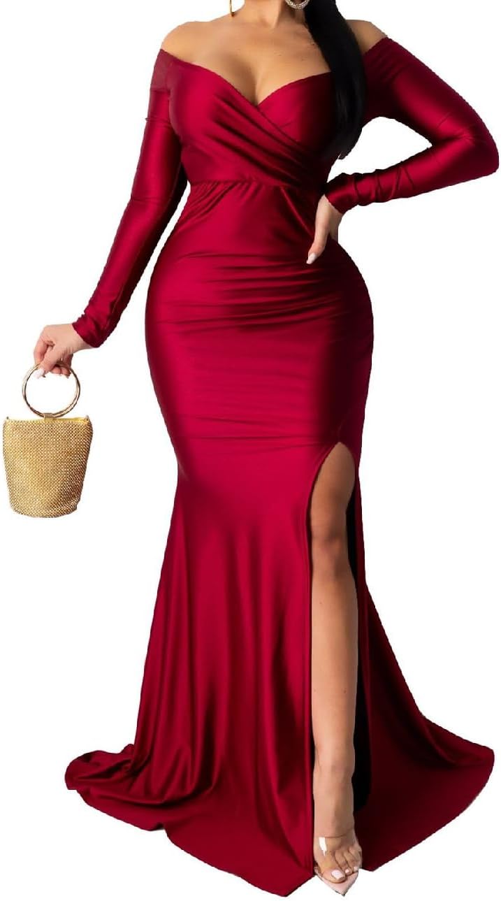 A ADILACA Women's Off Shoulder High Split Long Formal Dress