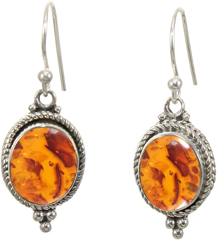 925 Sterling Silver Dangle Drop Earrings with Amber Gemstone