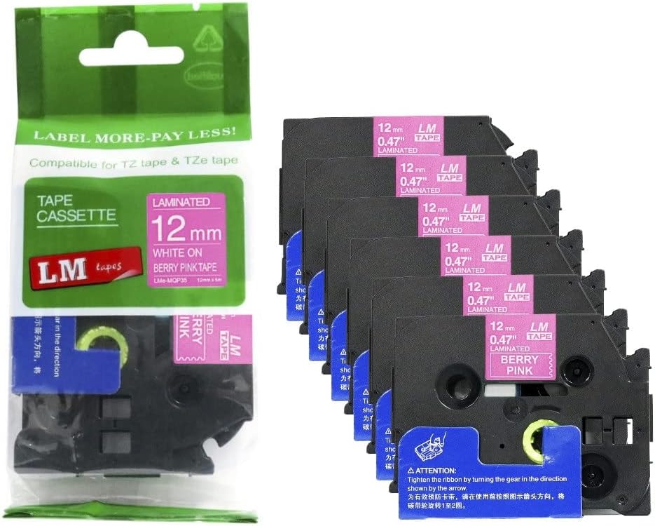 6/Pack LM Tapes Compatible TZe-MQP35 White on Berry Pink Labels